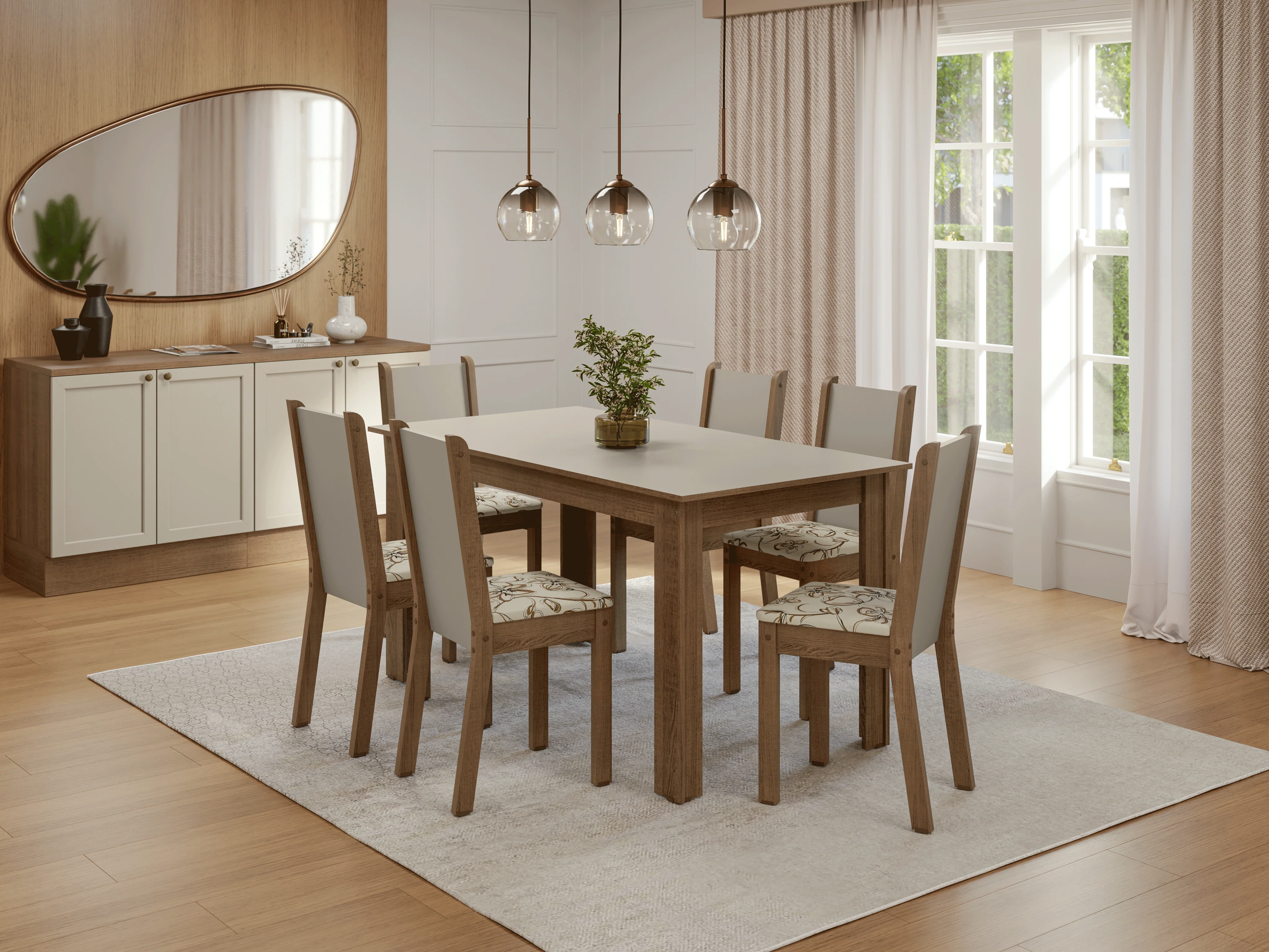 Conjunto Sala de Jantar Lucena Mesa Tampo de Madeira 6 Cadeiras Rustic/Crema/Lírio Bege Madesa - Image 11
