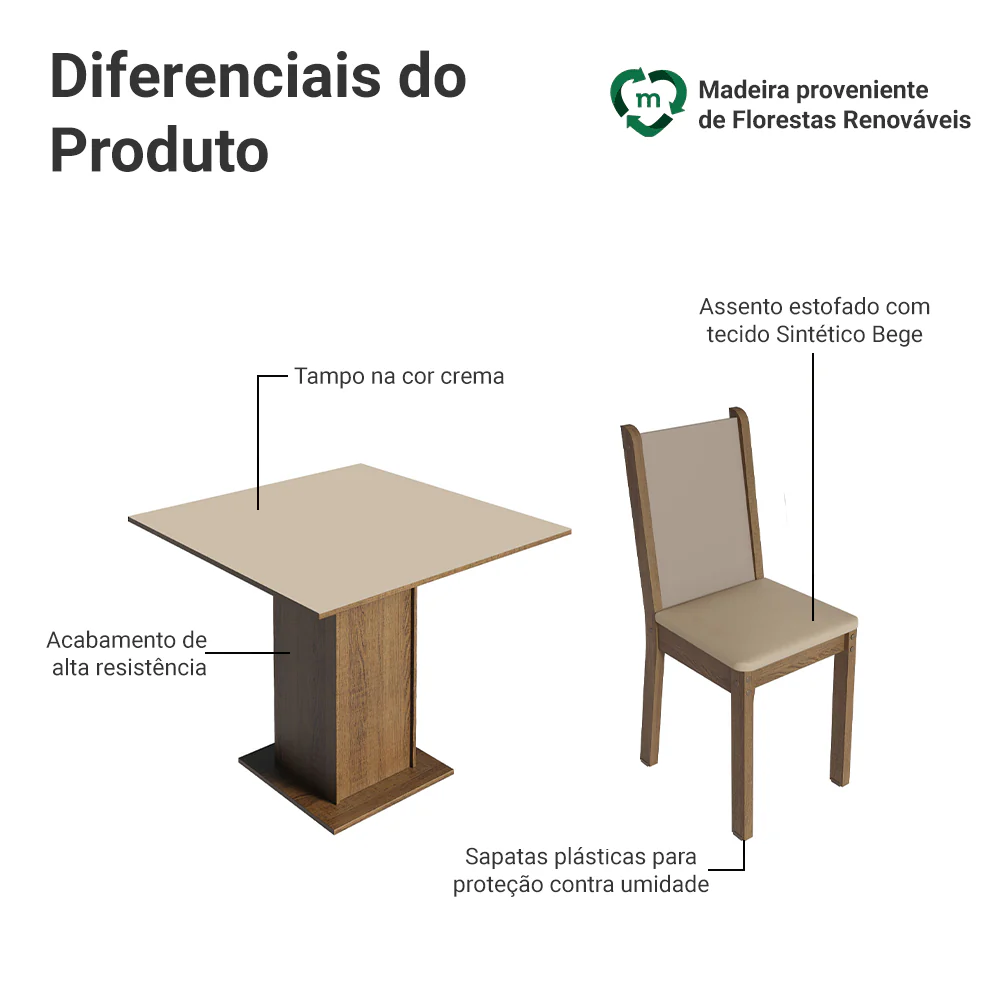 Conjunto Sala de Jantar Mesa Tampo de Madeira com 4 Cadeiras Rustic/Crema/Sintético Bege Madesa Alana - Image 4