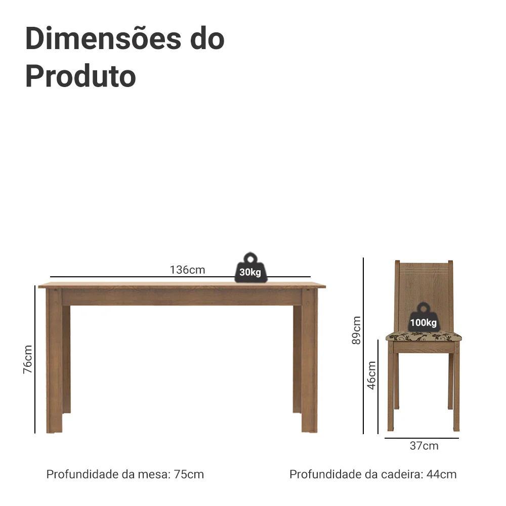 Conjunto Sala de Jantar Madesa Analu Mesa Tampo de Madeira com 6 Cadeiras Rustic/Bege Marrom - Image 6