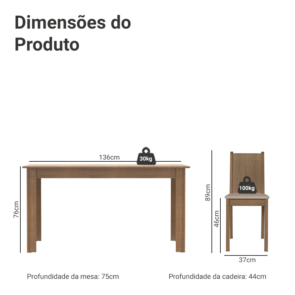 Conjunto Sala de Jantar Madesa Analu Mesa Tampo de Madeira com 6 Cadeiras Rustic/Sintético Bege - Image 6