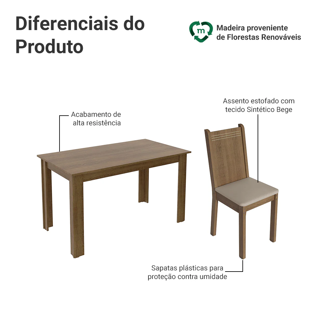 Conjunto Sala de Jantar Madesa Analu Mesa Tampo de Madeira com 6 Cadeiras Rustic/Sintético Bege - Image 7