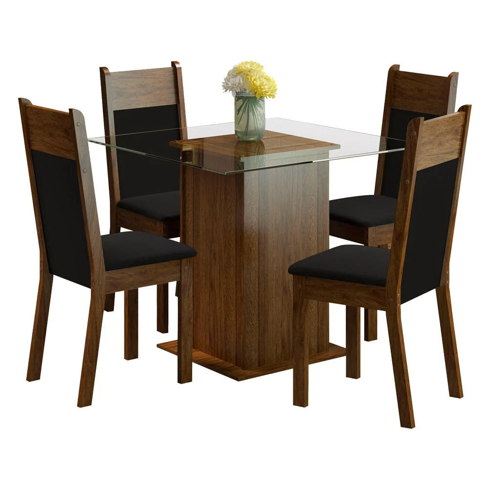 Conjunto Sala de Jantar Madesa Anita Mesa Tampo de Vidro com 4 Cadeiras Rustic/Preto/Sintético Preto - Image 2
