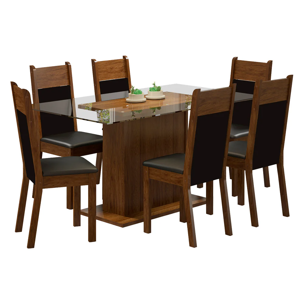 Conjunto Sala de Jantar Madesa Atlanta Mesa Tampo de Vidro com 6 Cadeiras Rustic/Preto/Sintético Preto - Image 2