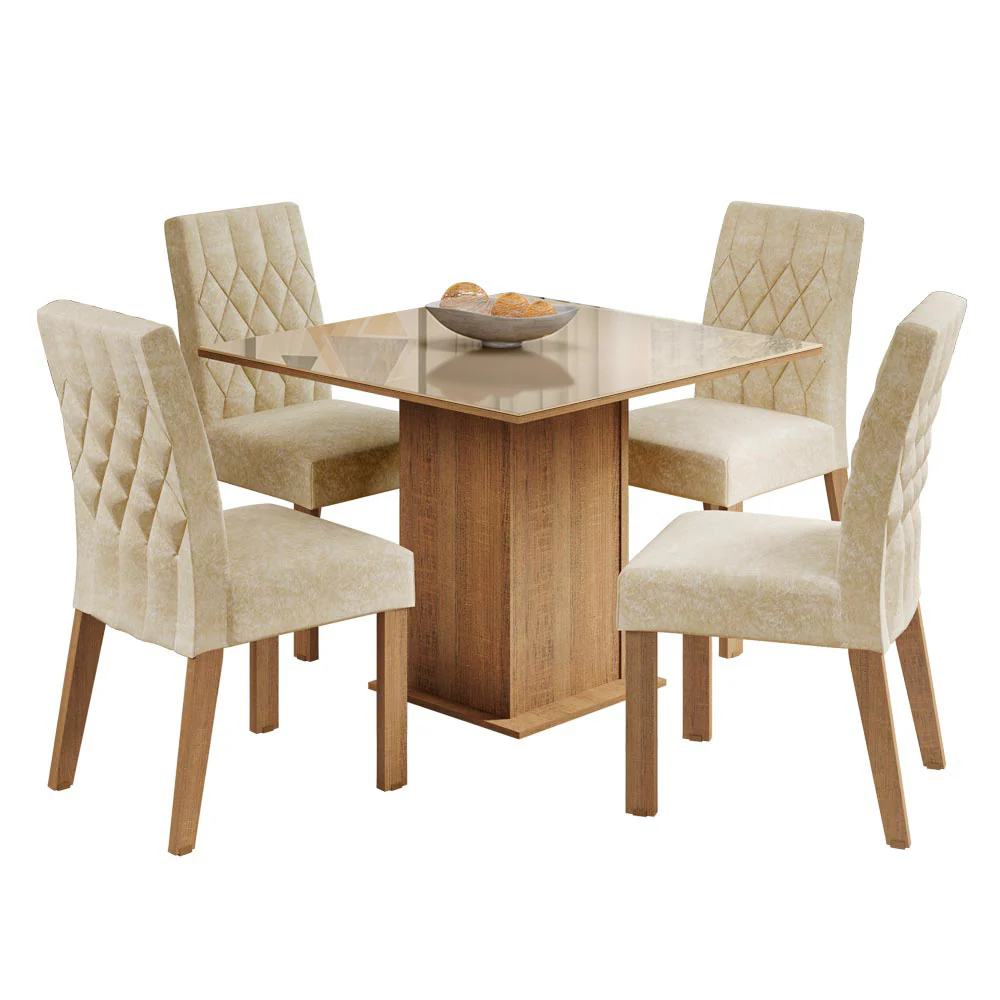 Conjunto Sala de Jantar Mesa Tampo de Vidro com 4 Cadeiras Rustic/Crema/Imperial Madesa Brenda - Image 2