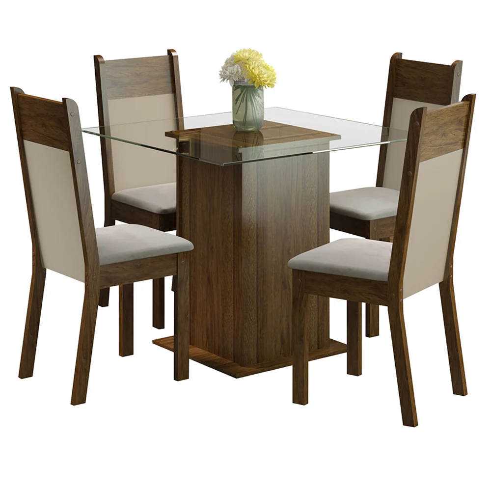 Conjunto Sala de Jantar Madesa Dallas Mesa Tampo de Vidro com 4 Cadeiras Rustic/Crema/Sintético Bege - Image 2