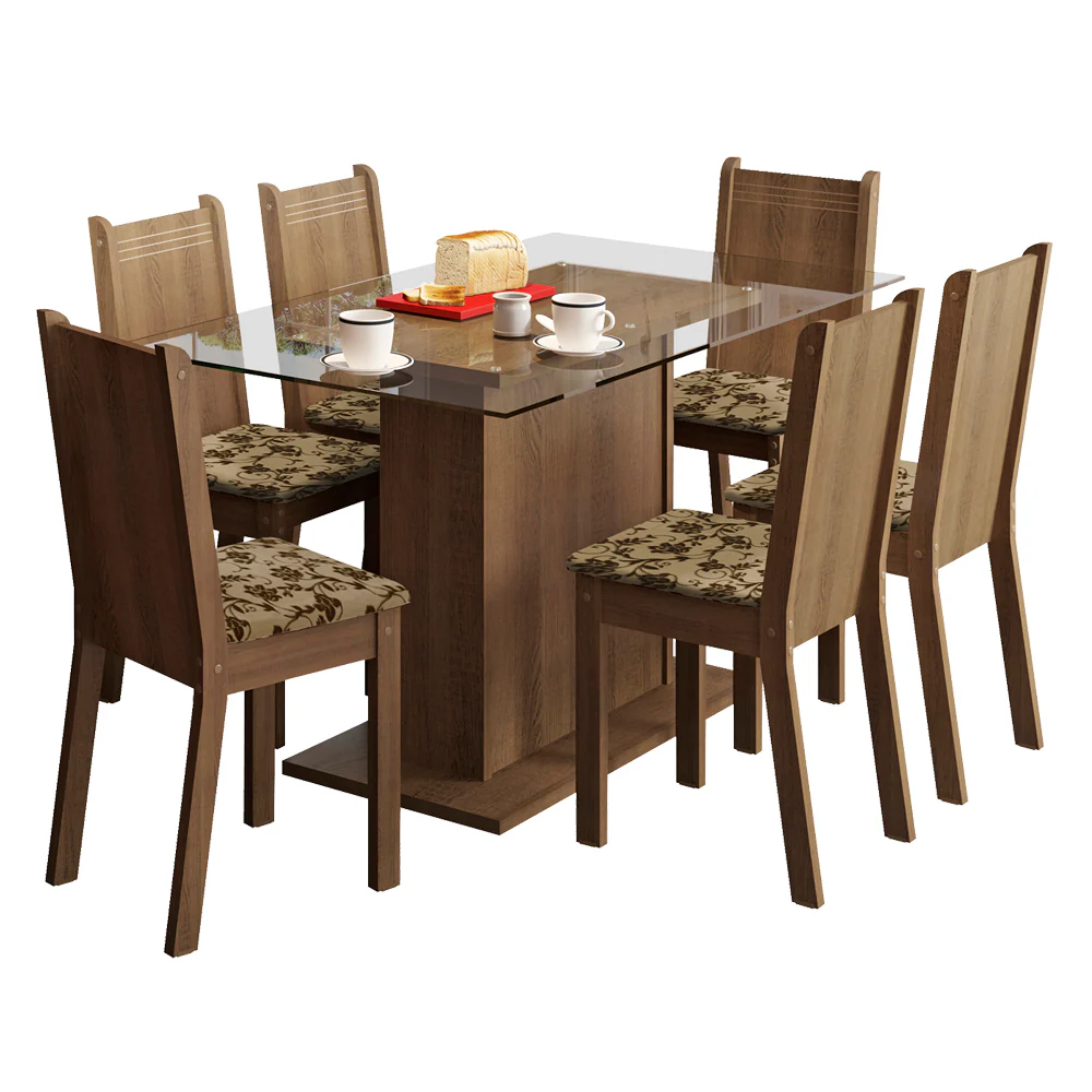 Conjunto Sala de Jantar Madesa Gales Mesa Tampo de Vidro com 6 Cadeiras Rustic/Bege Marrom - Image 2