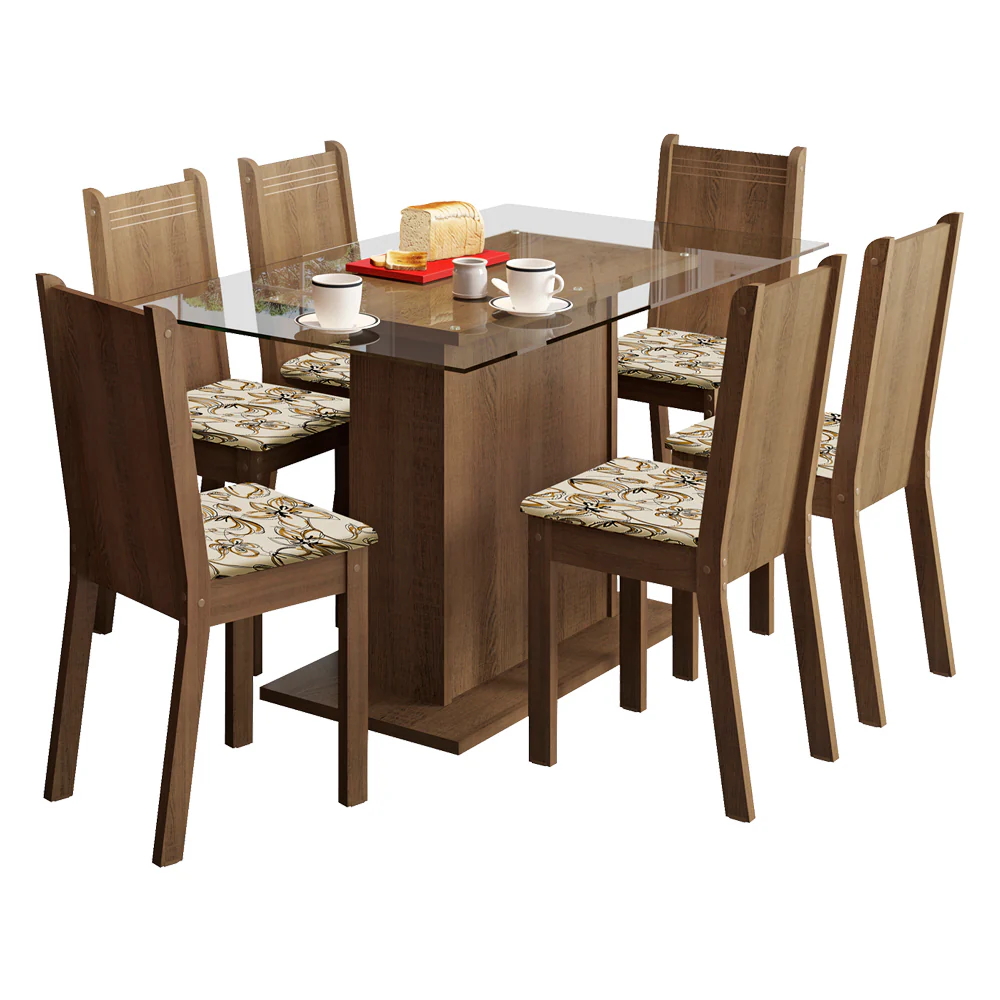 Conjunto Sala de Jantar Madesa Gales Mesa Tampo de Vidro com 6 Cadeiras Rustic/Lírio Bege - Image 2