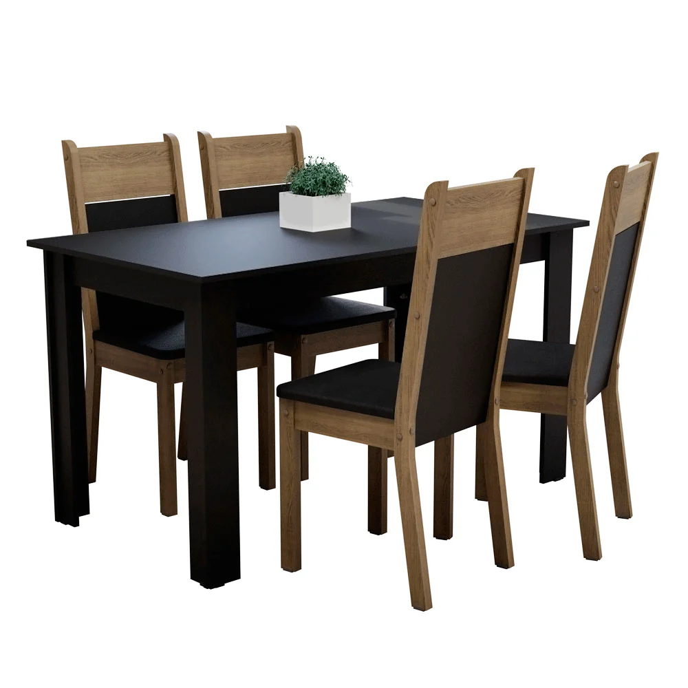 Conjunto Sala de Jantar Mesa Tampo de Madeira com 4 Cadeiras Preto/Rustic Madesa Havana - Image 2