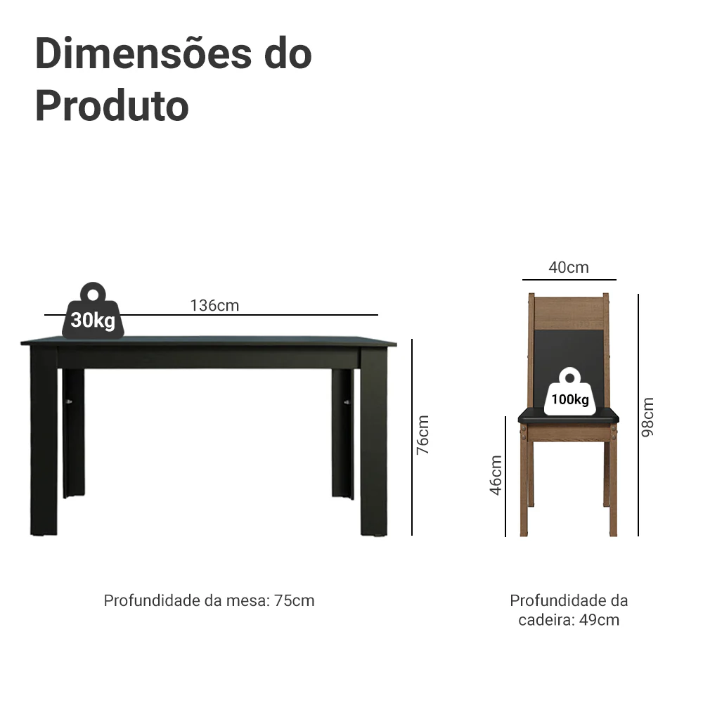 Conjunto Sala de Jantar Mesa Tampo de Madeira com 4 Cadeiras Preto/Rustic Madesa Havana - Image 3