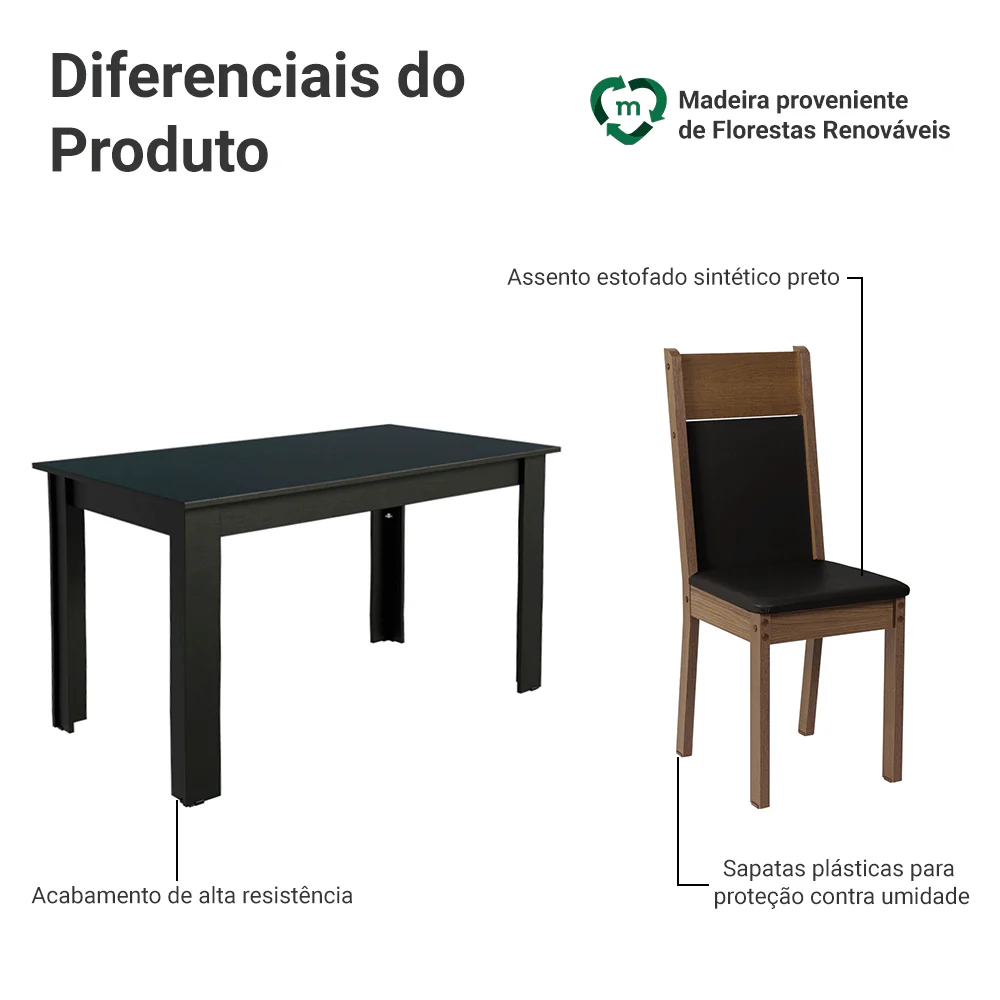 Conjunto Sala de Jantar Mesa Tampo de Madeira com 4 Cadeiras Preto/Rustic Madesa Havana - Image 4