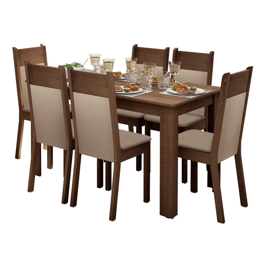 Conjunto Sala de Jantar Mesa Tampo de Madeira com 6 Cadeiras Rustic/Crema/Sintético Bege Jaíne Madesa - Image 2