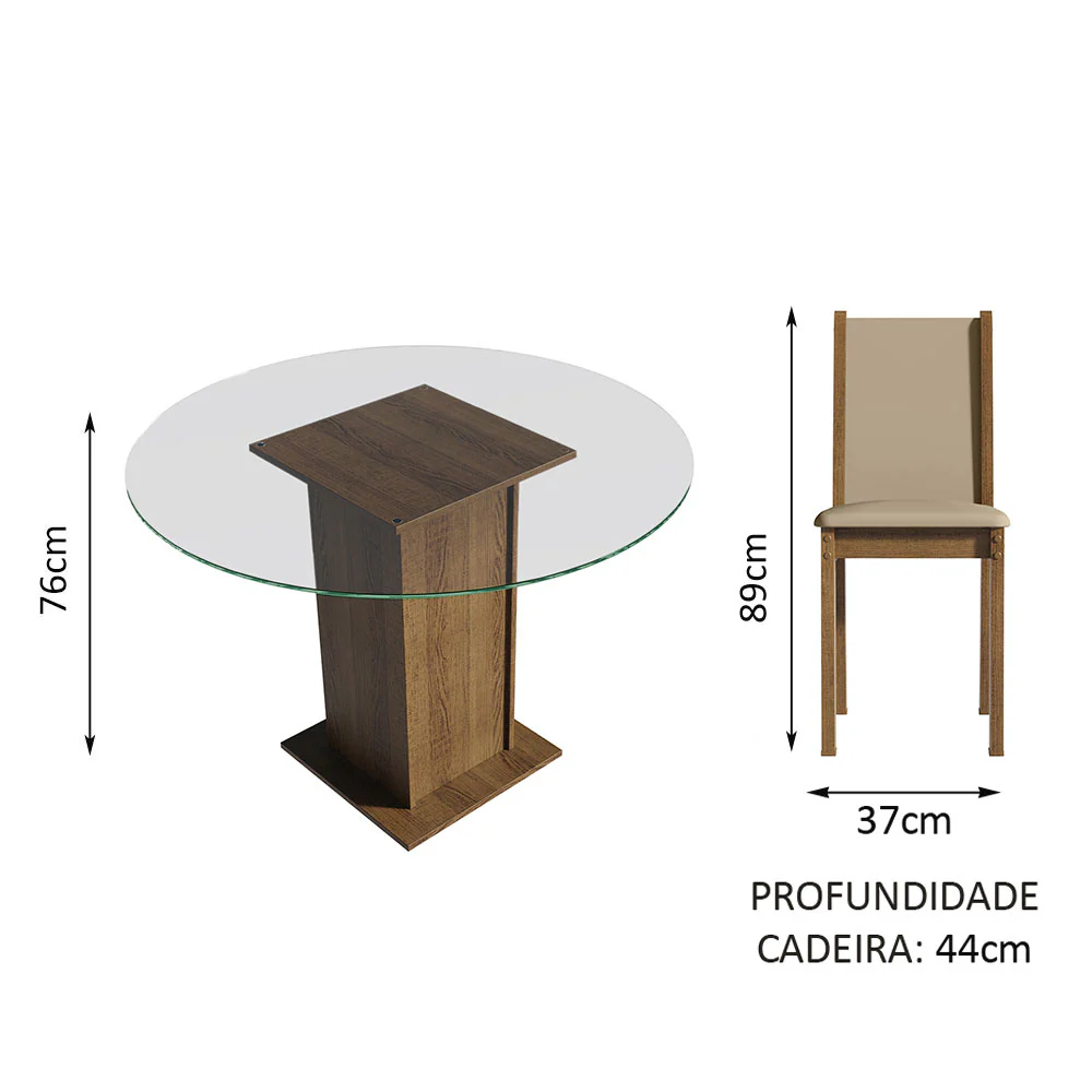 Conjunto Sala de Jantar Madesa Madu Mesa Tampo de Vidro Redondo 4 Cadeiras Rustic/Crema/Bege - Image 4