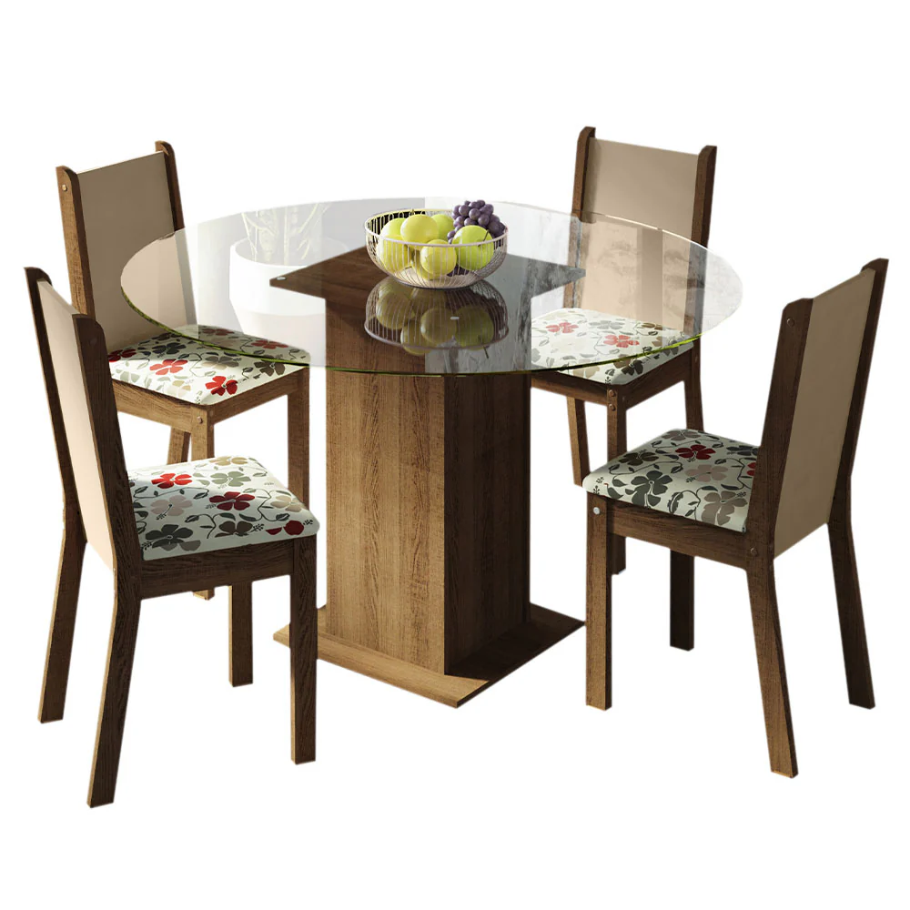 Conjunto Sala de Jantar Madesa Madu Mesa Tampo de Vidro Redondo 4 Cadeiras Rustic/Crema/Hibiscos - Image 2