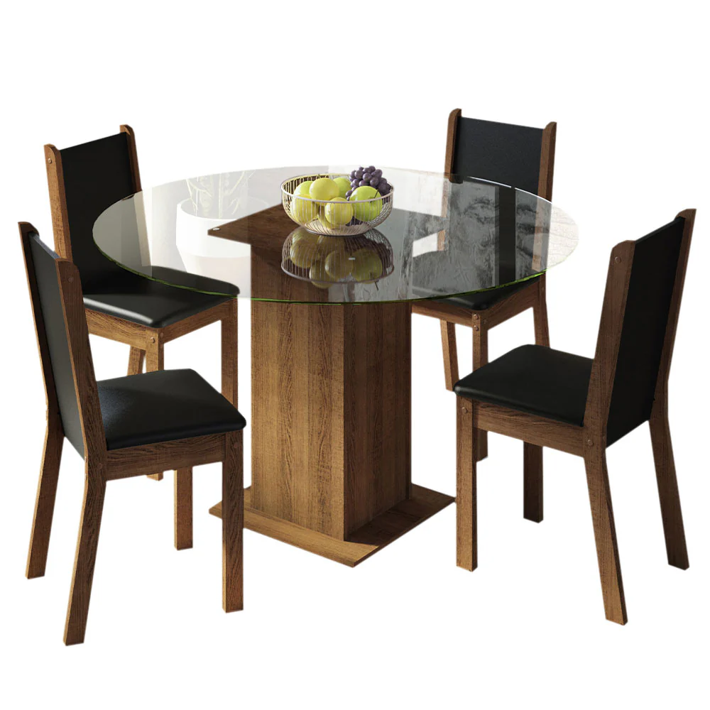 Conjunto Sala de Jantar Madesa Madu Mesa Tampo de Vidro Redondo 4 Cadeiras Rustic/Preto/Preto - Image 2