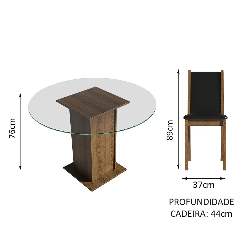 Conjunto Sala de Jantar Madesa Madu Mesa Tampo de Vidro Redondo 4 Cadeiras Rustic/Preto/Preto - Image 4