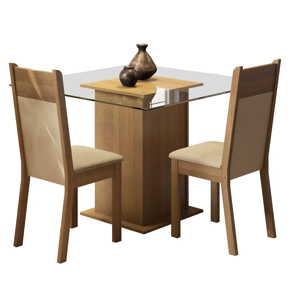 Conjunto Sala de Jantar Madesa Moni Mesa Tampo de Vidro com 2 Cadeiras Rustic/Crema/Sintético Bege - Image 2