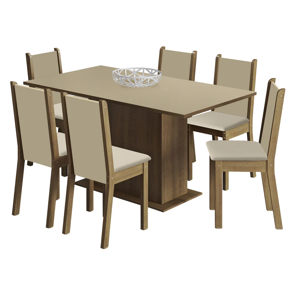 Conjunto Sala de Jantar Madesa Ohana Mesa Tampo de Madeira com 6 Cadeiras Rustic/Crema/Sintético Bege - Image 2
