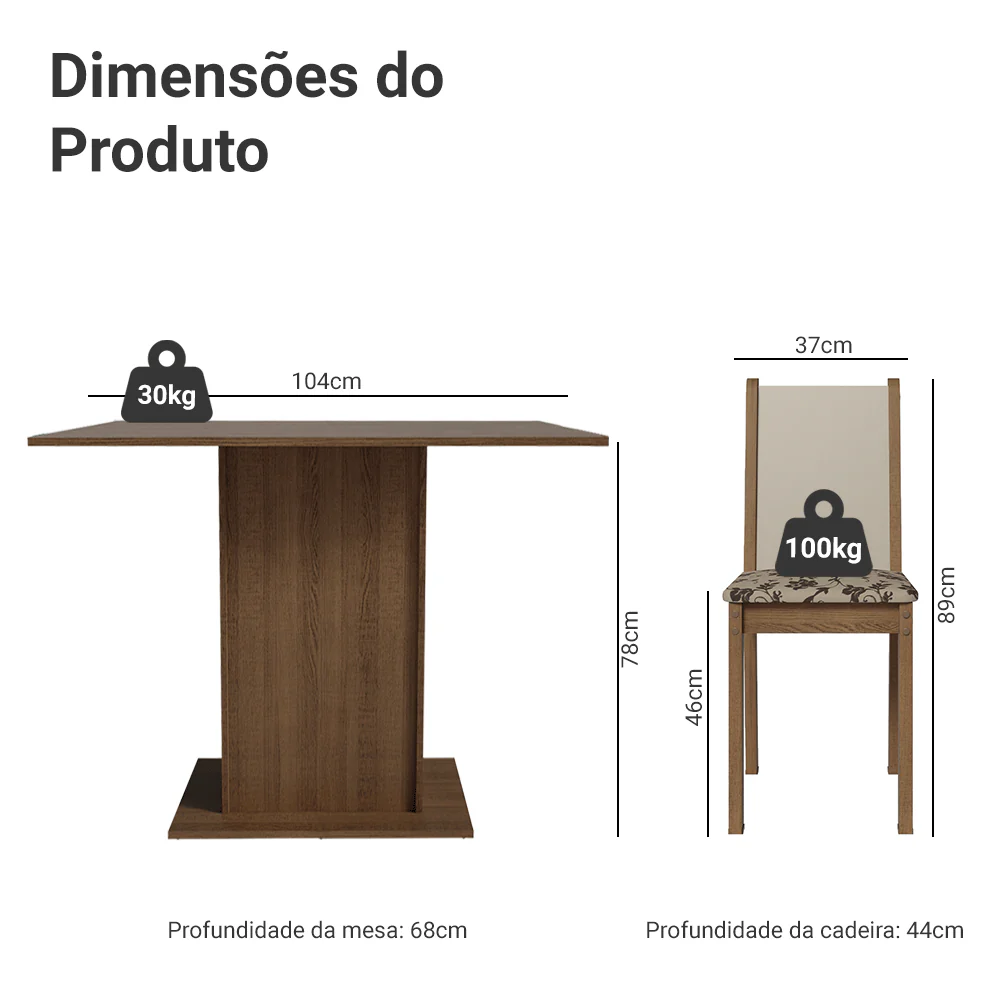 Conjunto Sala de Jantar Madesa Talita Mesa Tampo de Madeira com 4 Cadeiras Rustic/Crema/Bege Marrom - Image 3