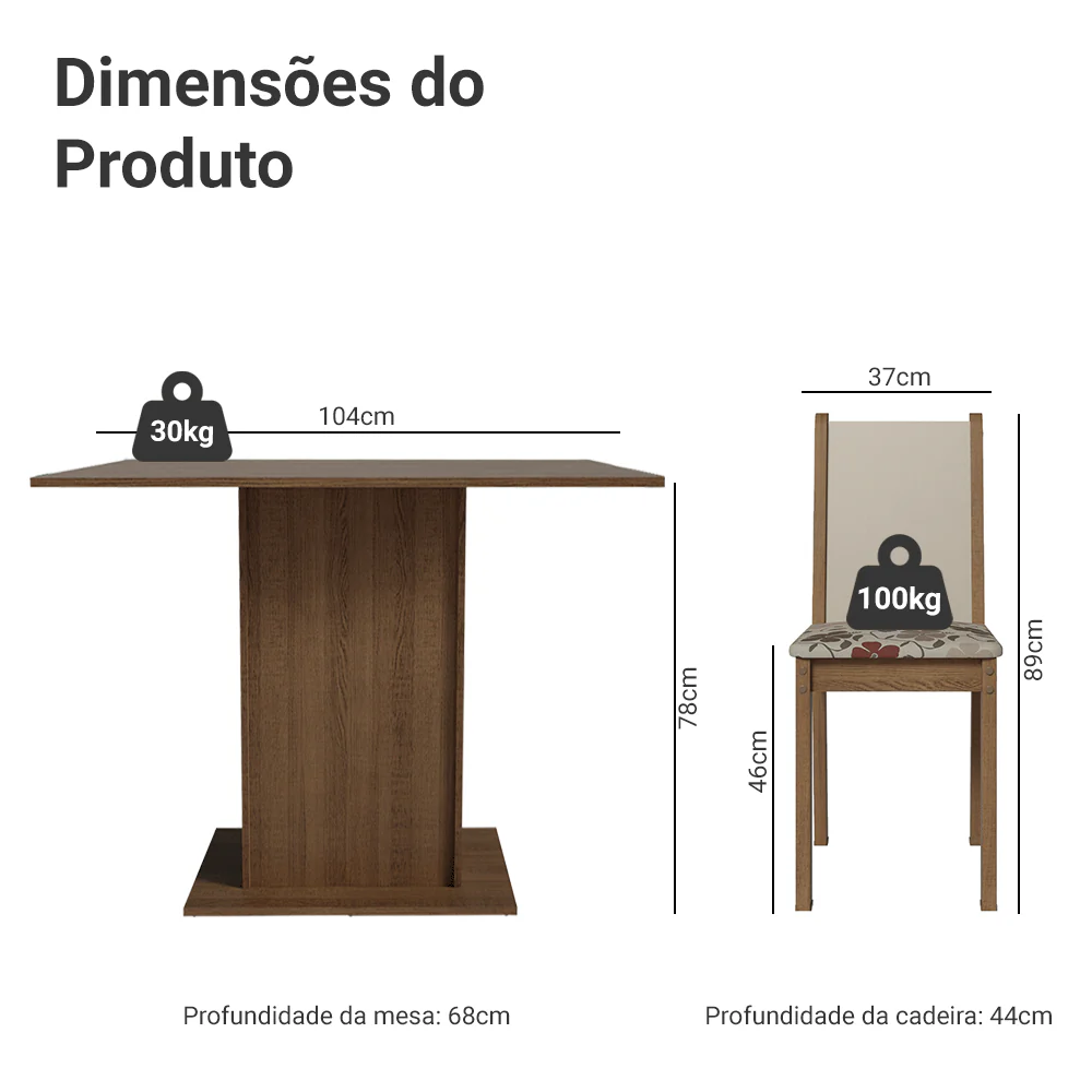 Conjunto Sala de Jantar Madesa Talita Mesa Tampo de Madeira com 4 Cadeiras Rustic/Crema/Floral Hibiscos - Image 3