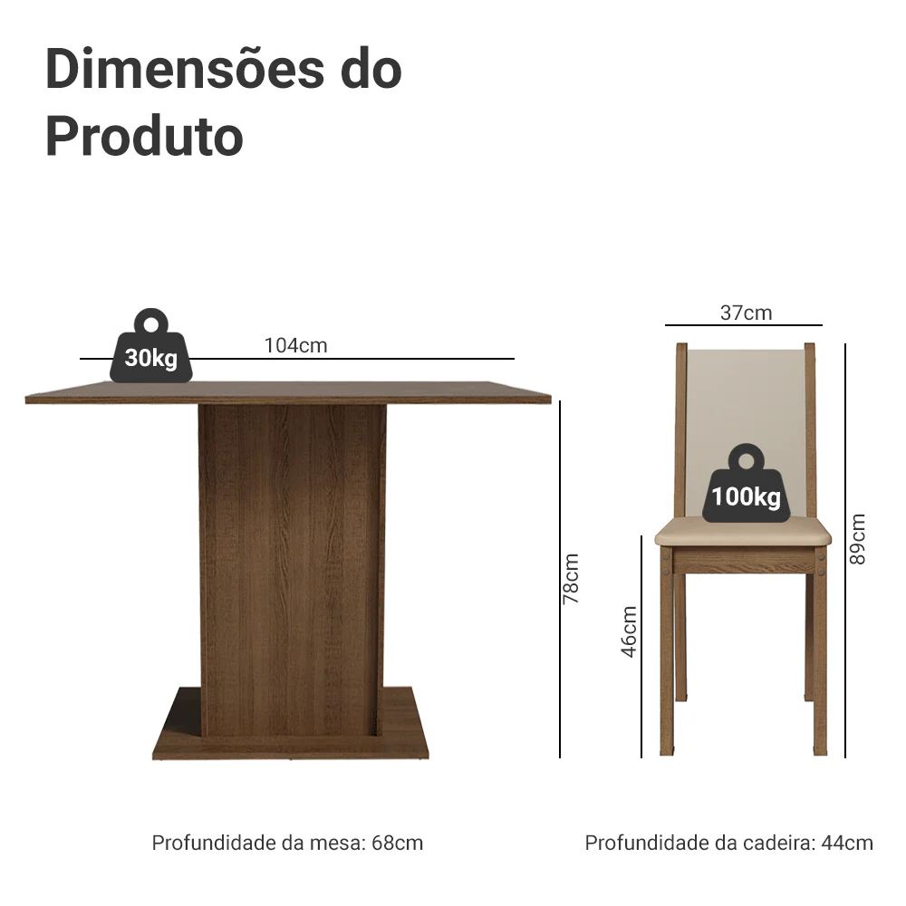 Conjunto Sala de Jantar Mesa Tampo de Madeira com 4 Cadeiras Rustic/Crema/Sintético Bege Talita Madesa - Image 3