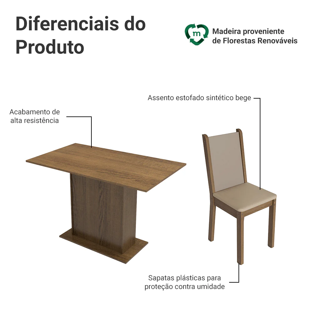Conjunto Sala de Jantar Mesa Tampo de Madeira com 4 Cadeiras Rustic/Crema/Sintético Bege Talita Madesa - Image 4