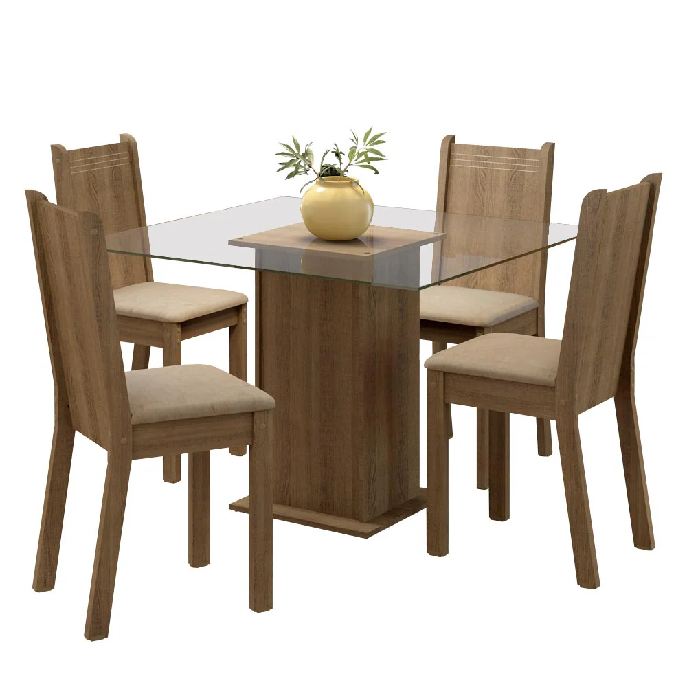 Conjunto Sala de Jantar Madesa Magda Mesa Tampo de Vidro com 4 Cadeiras Rustic/Sintético Bege - Image 2