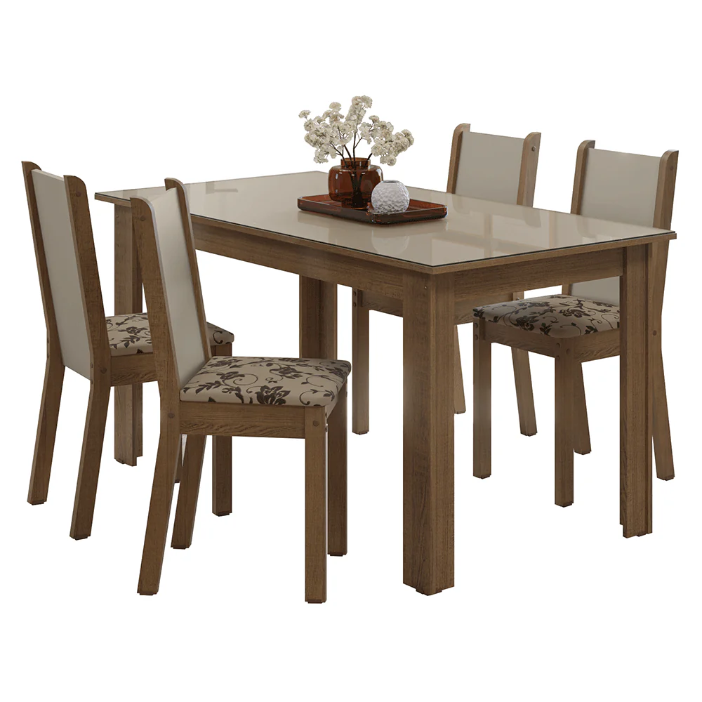 Conjunto Sala de Jantar Magnólia Mesa Tampo de Vidro 4 Cadeiras Rustic/Crema/Bege Marrom Madesa - Image 2