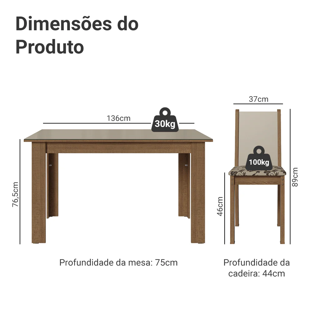 Conjunto Sala de Jantar Magnólia Mesa Tampo de Vidro 4 Cadeiras Rustic/Crema/Bege Marrom Madesa - Image 3