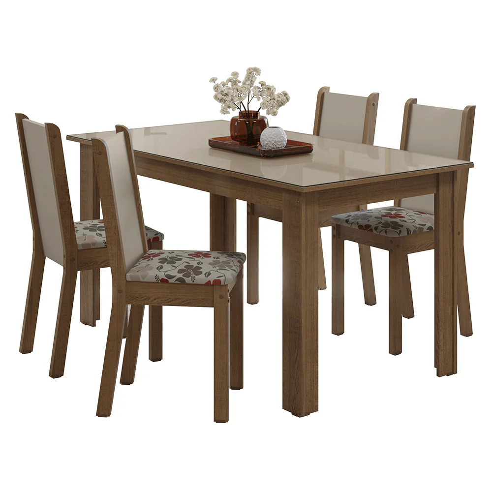 Conjunto Sala de Jantar Magnólia Mesa Tampo de Vidro 4 Cadeiras Rustic/Crema/Floral Hibiscos Madesa - Image 2