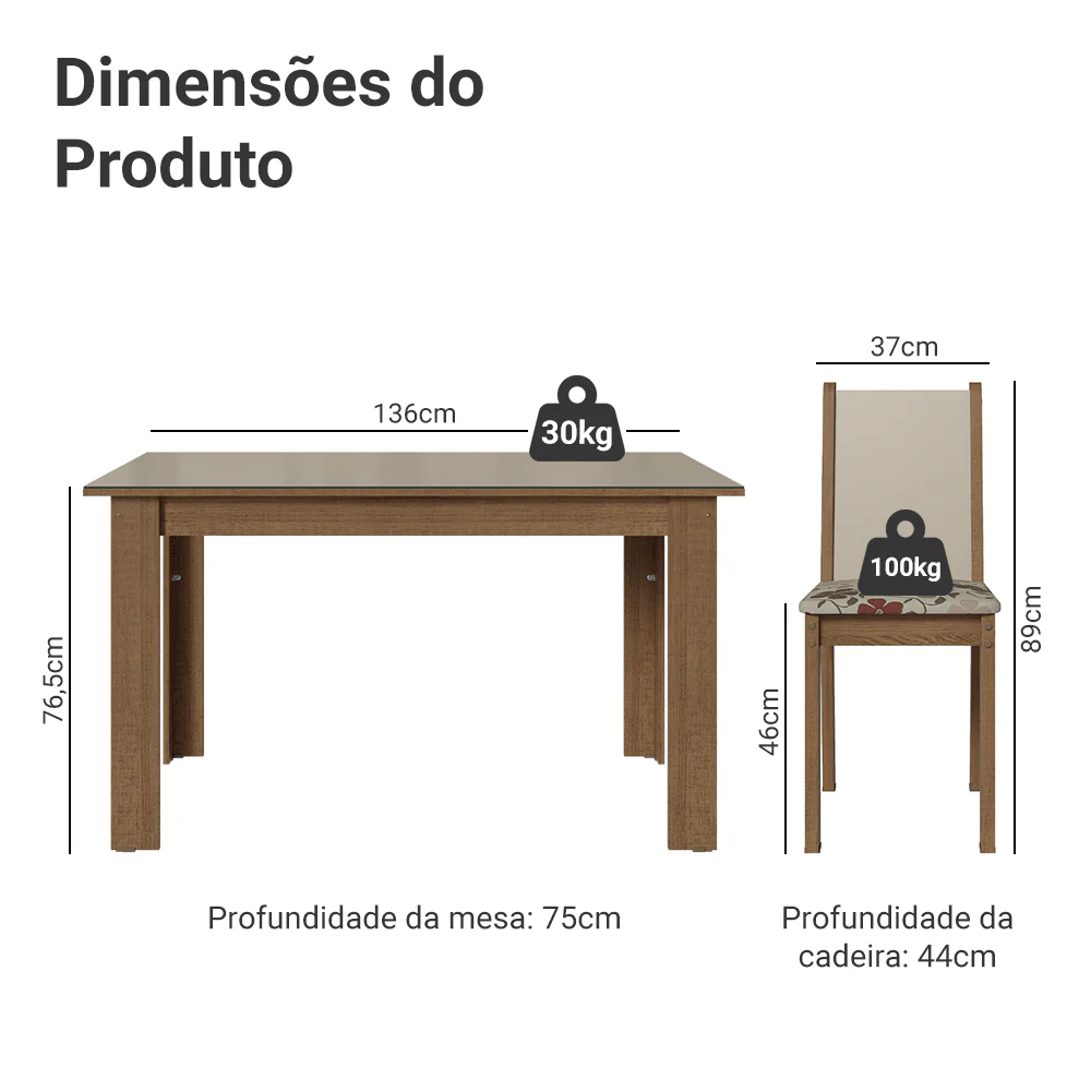 Conjunto Sala de Jantar Magnólia Mesa Tampo de Vidro 4 Cadeiras Rustic/Crema/Floral Hibiscos Madesa - Image 3