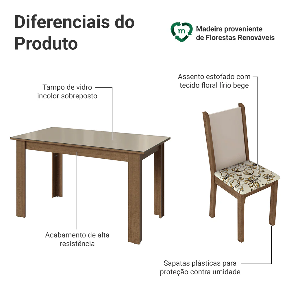 Conjunto Sala de Jantar Magnólia Mesa Tampo de Vidro 4 Cadeiras Rustic/Crema/Lírio Bege Madesa - Image 4