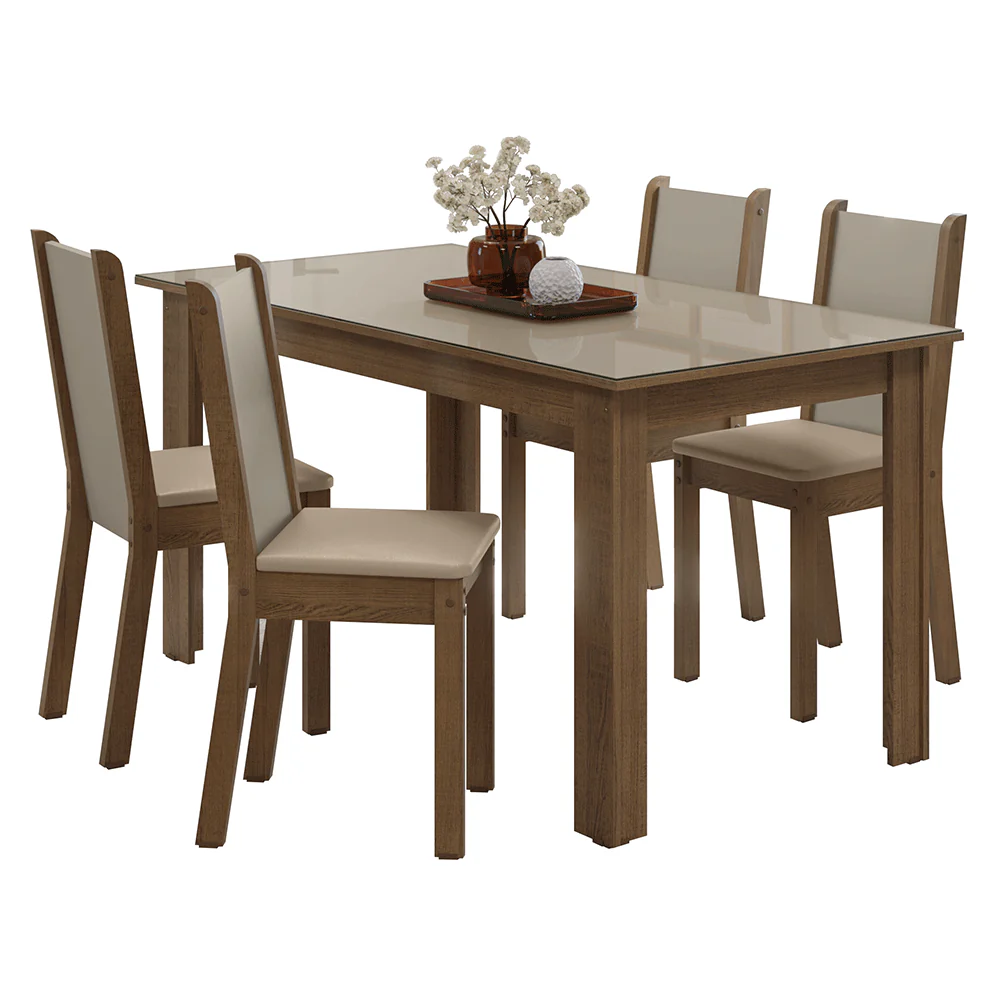 Conjunto Sala de Jantar Magnólia Mesa Tampo de Vidro 4 Cadeiras Rustic/Crema/Sintético Bege Madesa - Image 2