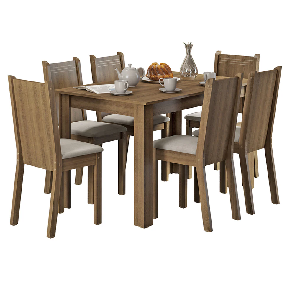 Conjunto Sala de Jantar Madesa Maris Mesa Tampo de Madeira com 6 Cadeiras Rustic/Sintético Bege - Image 2