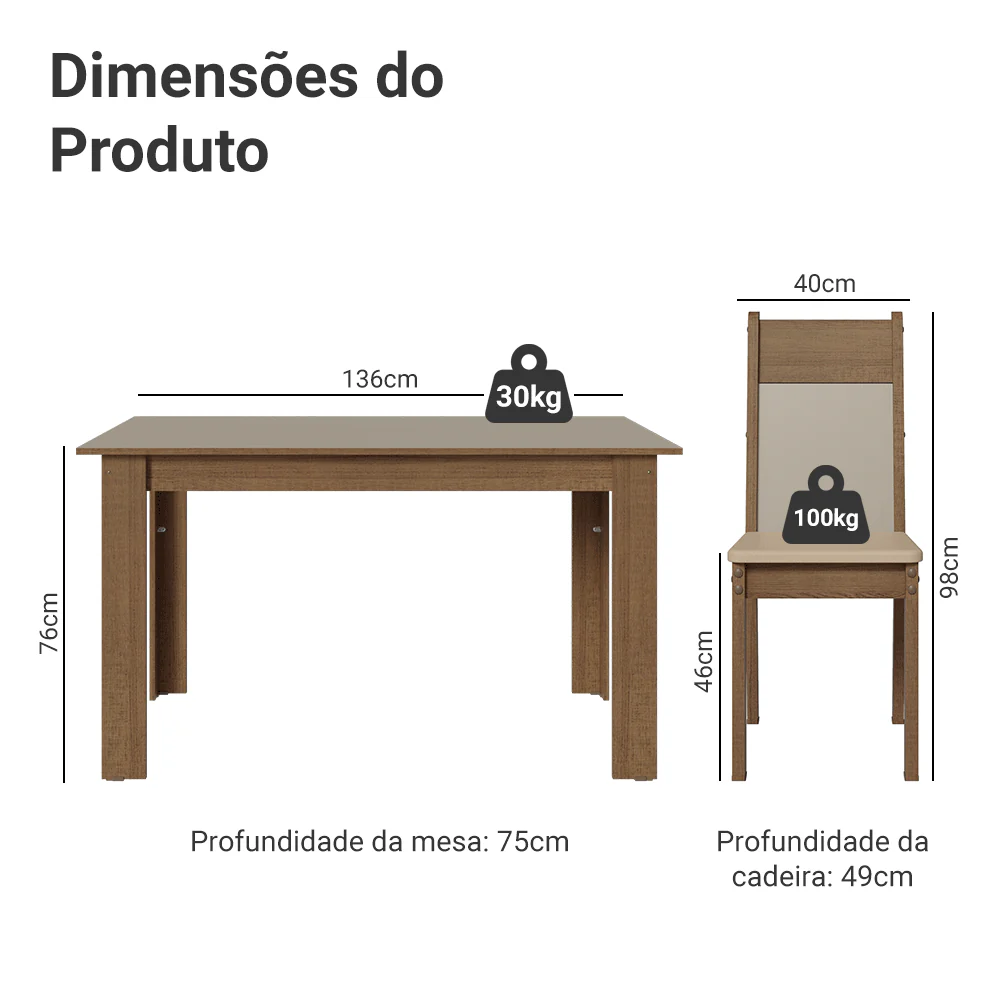 Conjunto Sala de Jantar Mel Mesa Tampo de Madeira 4 Cadeiras Rustic/Crema/Sintético Bege Madesa - Image 3