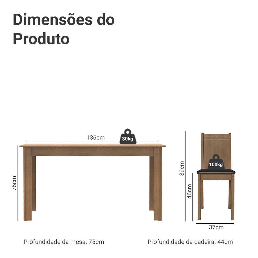 Conjunto Sala de Jantar Mesa Tampo de Madeira 6 Cadeiras Rustic/Preto Analu Madesa - Image 3