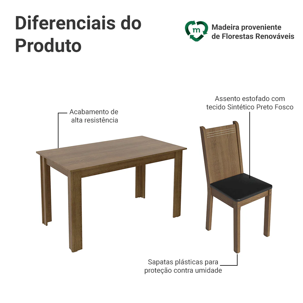 Conjunto Sala de Jantar Mesa Tampo de Madeira 6 Cadeiras Rustic/Preto Analu Madesa - Image 4