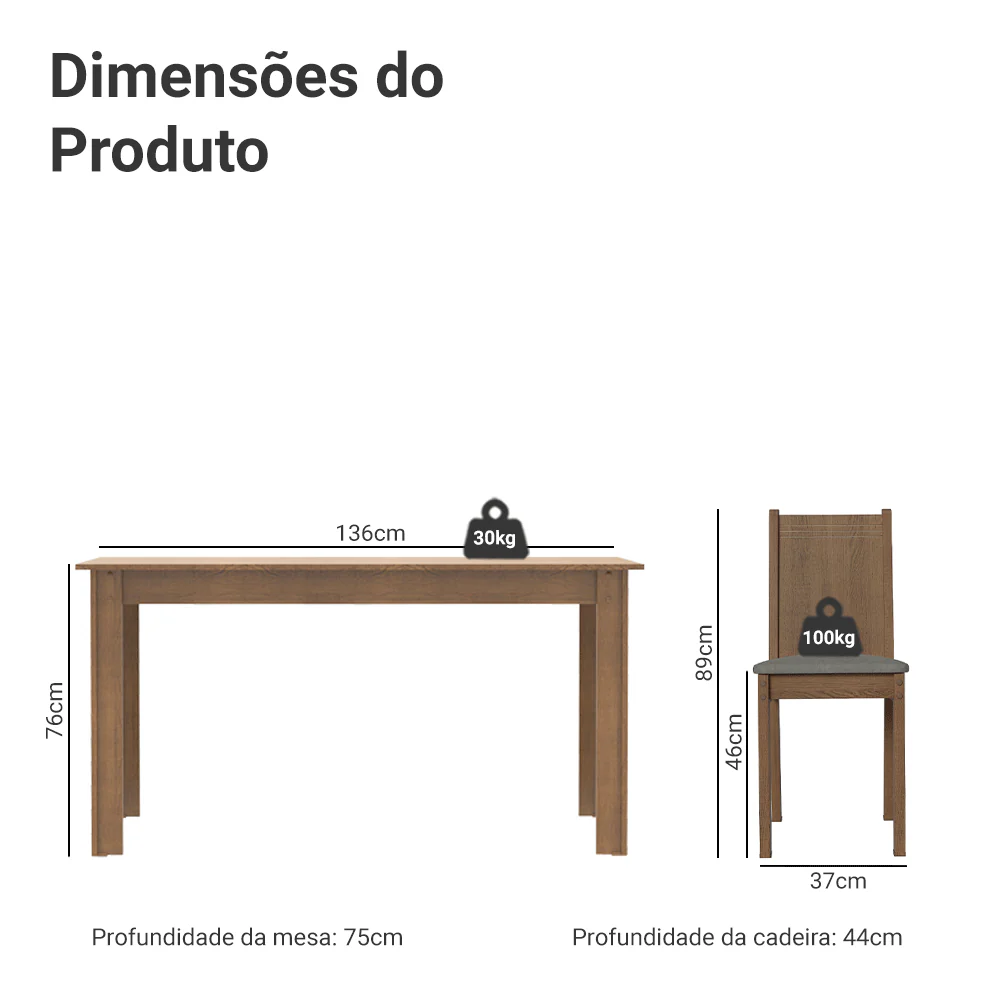 Conjunto Sala de Jantar Mesa Tampo de Madeira 6 Cadeiras Rustic/Silver Analu Madesa - Image 3