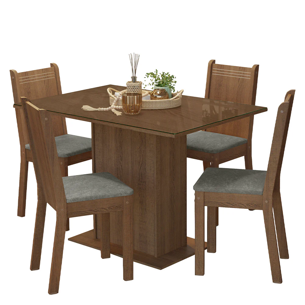 Conjunto Sala de Jantar Mesa Tampo de Vidro 4 Cadeiras Rustic/Silver Camélia Madesa - Image 2