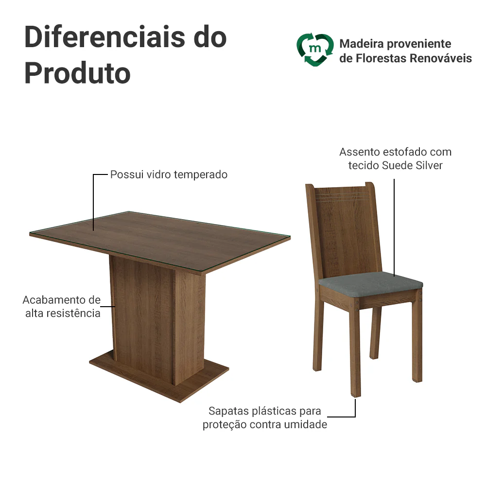 Conjunto Sala de Jantar Mesa Tampo de Vidro 4 Cadeiras Rustic/Silver Camélia Madesa - Image 4