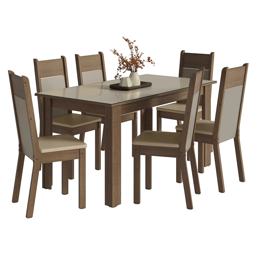 Conjunto Sala de Jantar Mocha Mesa Tampo de Vidro 6 Cadeiras Rustic/Crema/Sintético Bege Madesa - Image 2