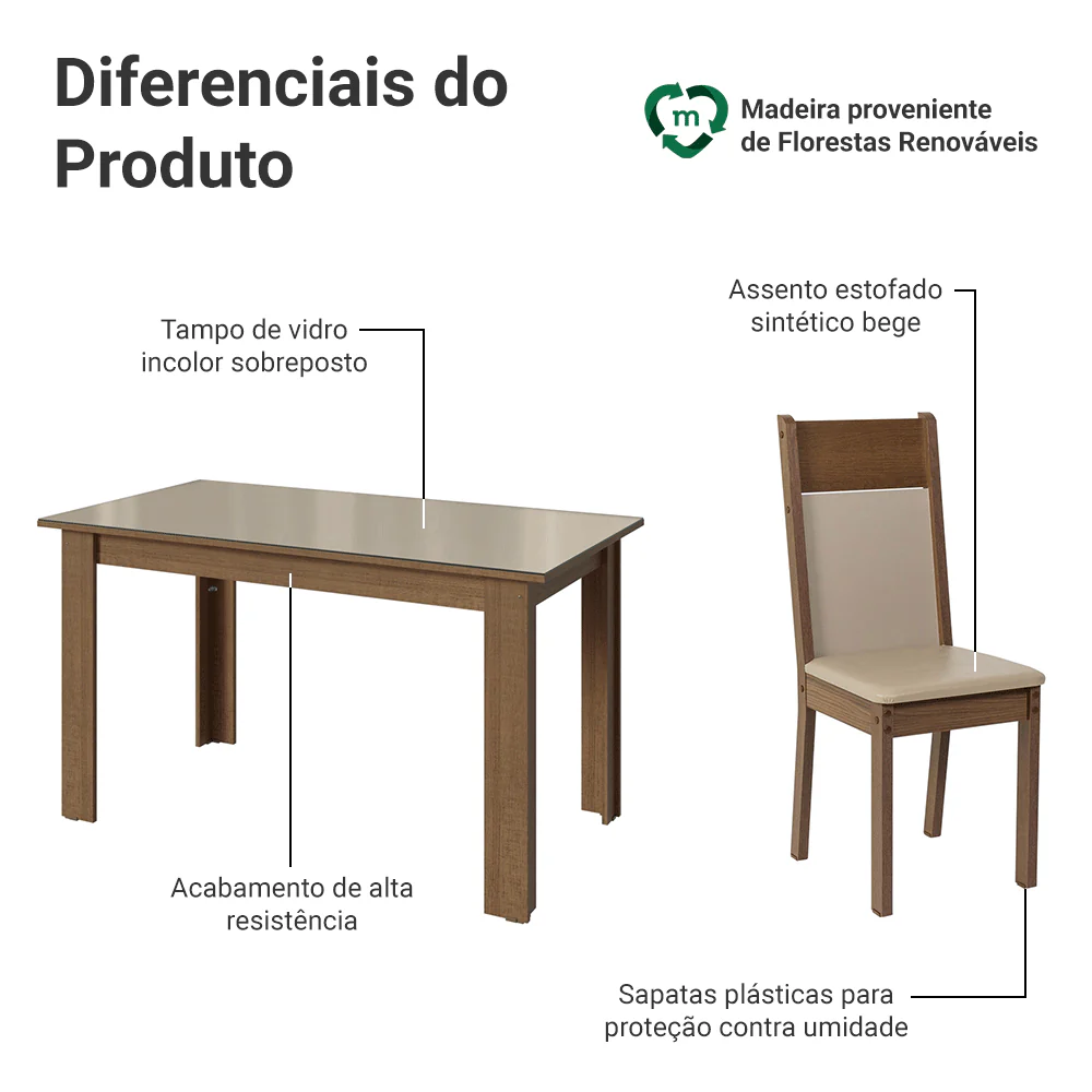 Conjunto Sala de Jantar Mocha Mesa Tampo de Vidro 6 Cadeiras Rustic/Crema/Sintético Bege Madesa - Image 4