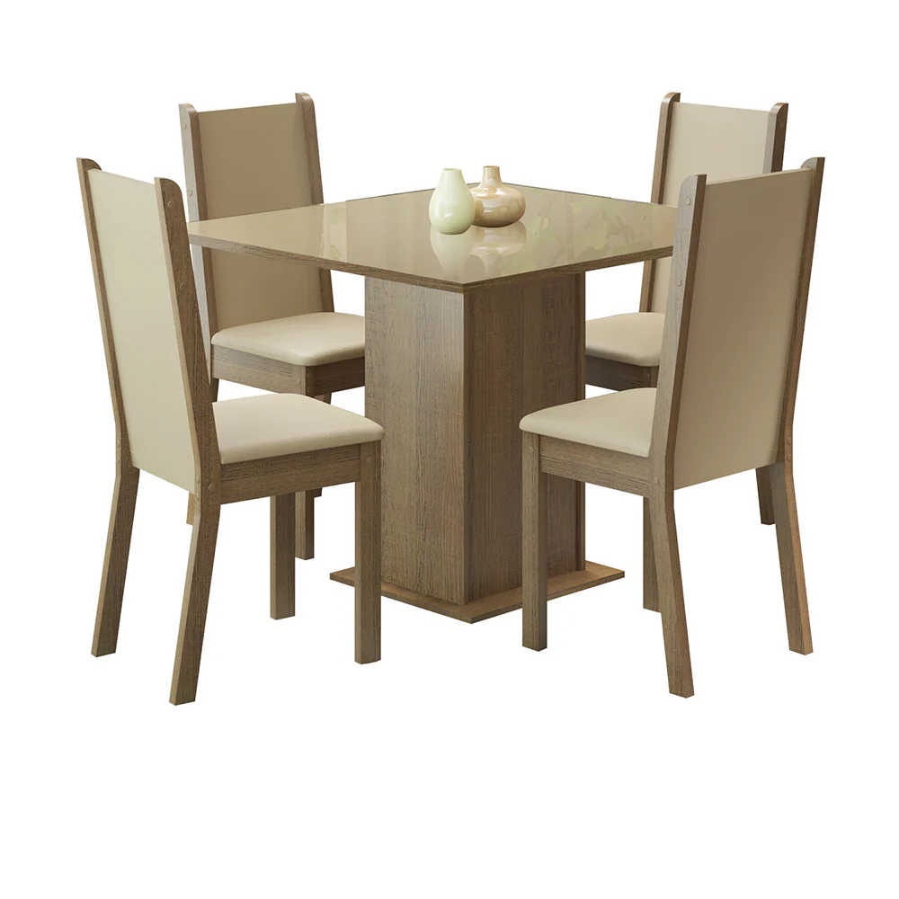 Conjunto Sala de Jantar Mesa Tampo de Vidro com 4 Cadeiras Rustic/Crema/Sintético Bege Moscou Plus Madesa - Image 2