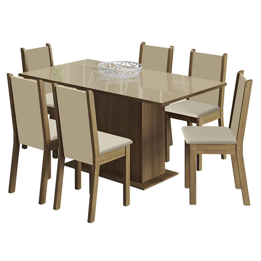 Conjunto Sala de Jantar Moscou Plus Madesa Mesa Tampo de Vidro com 6 Cadeiras Rustic/Crema/Sintético Bege - Image 2