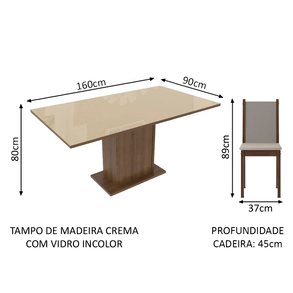 Conjunto Sala de Jantar Moscou Plus Madesa Mesa Tampo de Vidro com 6 Cadeiras Rustic/Crema/Sintético Bege - Image 3