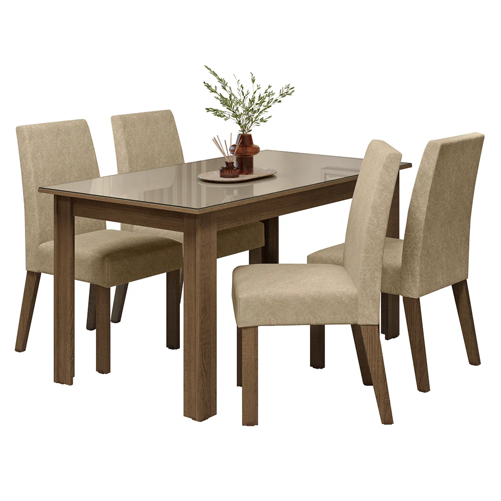 Conjunto Sala de Jantar Ravena Mesa Tampo de Vidro 4 Cadeiras Rustic/Crema/Suede Imperial Madesa - Image 2