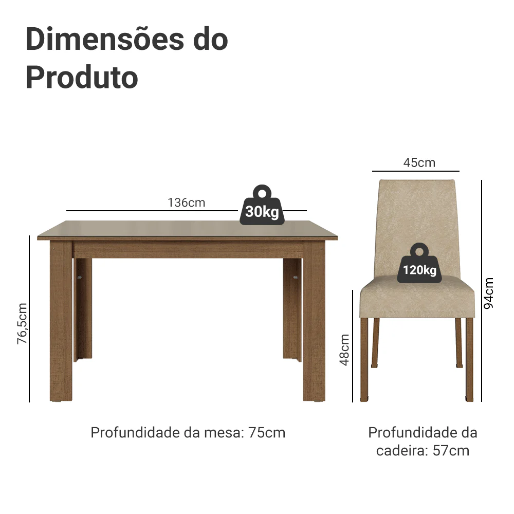 Conjunto Sala de Jantar Ravena Mesa Tampo de Vidro 4 Cadeiras Rustic/Crema/Suede Imperial Madesa - Image 3