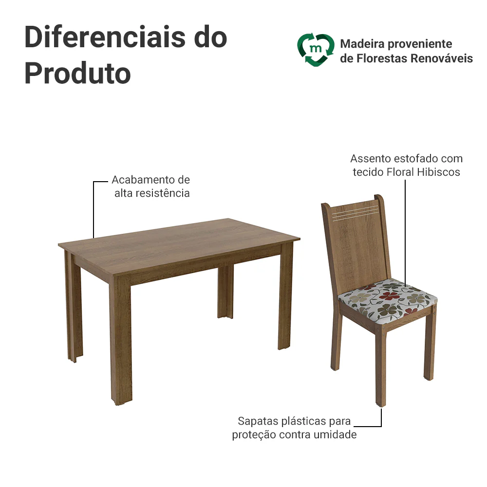 Conjunto Sala de Jantar Madesa Analu Mesa Tampo de Madeira com 6 Cadeiras Rustic/Floral Hibiscos - Image 7