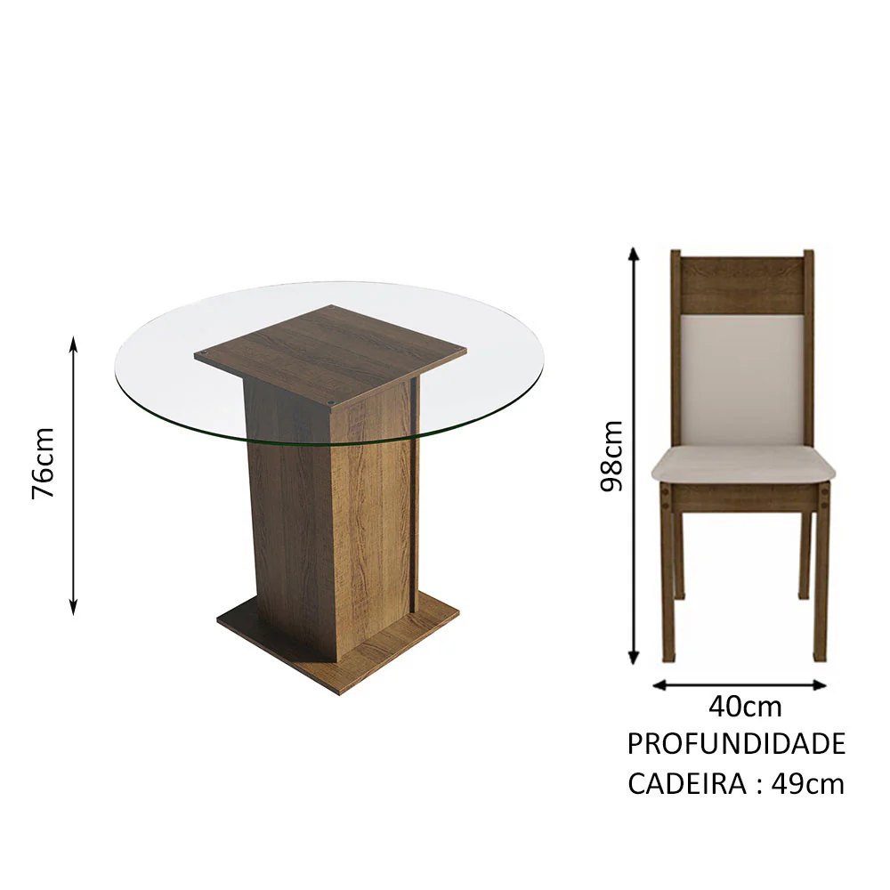 Conjunto Sala de Jantar Madesa Beta Mesa Tampo de Vidro Redondo 4 Cadeiras Rustic/Crema/Bege - Image 4