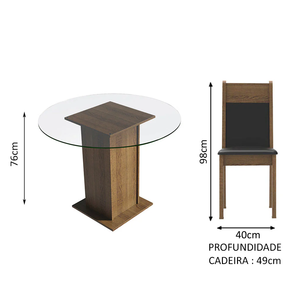 Conjunto Sala de Jantar Madesa Beta Mesa Tampo de Vidro Redondo 4 Cadeiras Rustic/Preto - Image 4