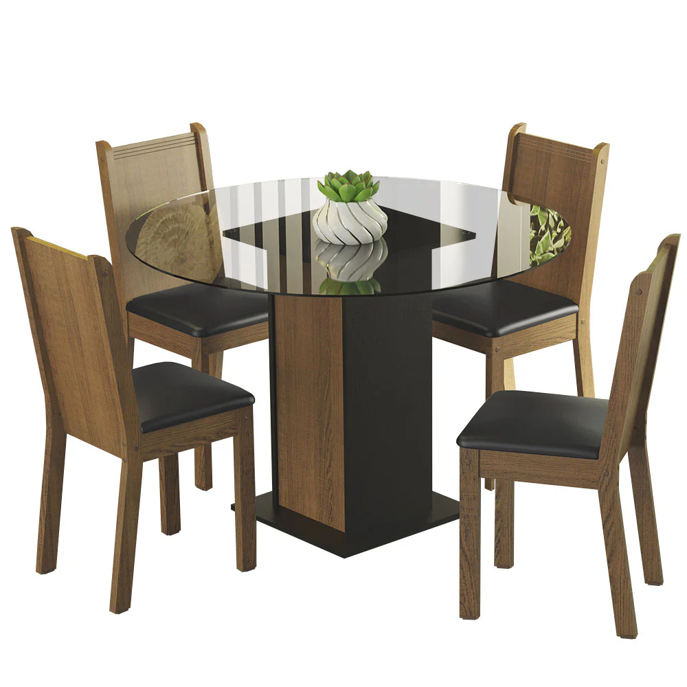 Conjunto Sala de Jantar Madesa Débora Mesa Tampo de Vidro Redondo 4 Cadeiras Preto/Rustic - Image 2